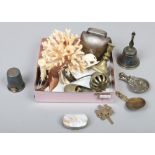 A box of collectables including a coral specimen, Dartmouth Pixie caddy spoons and Royal crest cap