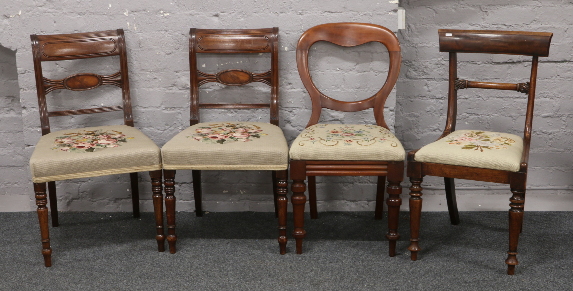 A Harlequin set of four Victorian chairs.