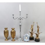 A group lot to include large candleabra, pair of brass vases, pair of gilt spelter figures and a
