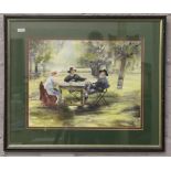 A framed watercolour garden landscape scene with three figures in 1930s attire, 29.5 x 38cm.