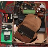 A box of mainly photographic to include Voigtlander, Pentax etc along with a pair of Beck Kassel