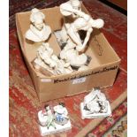 A box of figures and ornaments to include composite bust signed and dated 1983, composite