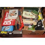 Two boxes of mostly collectables including storage tins, Bunte advertising sign, photographic