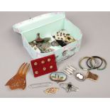 A floral jewellery box and contents of costume jewellery and collectables including Art Deco