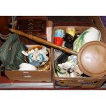 Two boxes of miscellaneous to include bed pan, lawn bowls, coal ornaments etc.