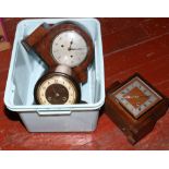 A box of twin train movement clocks with coil gongs to include Bentima, Enfield examples