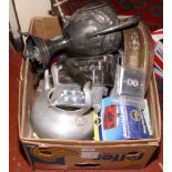 A box of miscellaneous to include vintage hair clippers, light switches, large brass sieve, router