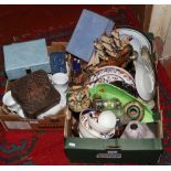 Two boxes of miscellaneous to include Crown Ming china tea service, carnival glass, studio