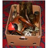 A box of metalwares, ornamental, brass and silver plate including enamelled Friary ale pub jug,