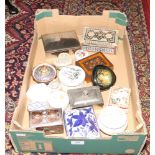 A box of trinket boxes to include ceramic, wood, metal examples.