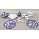 A small quantity of blue and white pottery to include Woods & Son Yuan jugs, miniature coffee set,