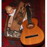 A box of miscellaneous to include wood hand planes, guitar, doll, silver plate etc.