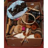 A box of ceramics to include tea and coffee wares, sewing related items and binoculars and a