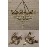 A cut glass and brass multi droplet shade, along with a pair of two branch floral design wall