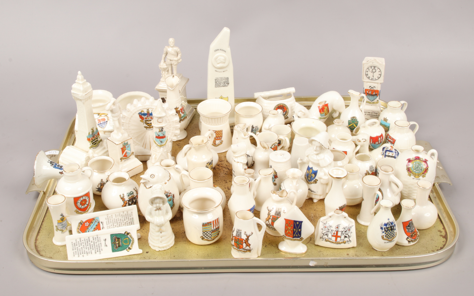 A tray of crested china including Arcadian, Willow Art, W. H. Goss, Kingsway Art, Swan, Victoria