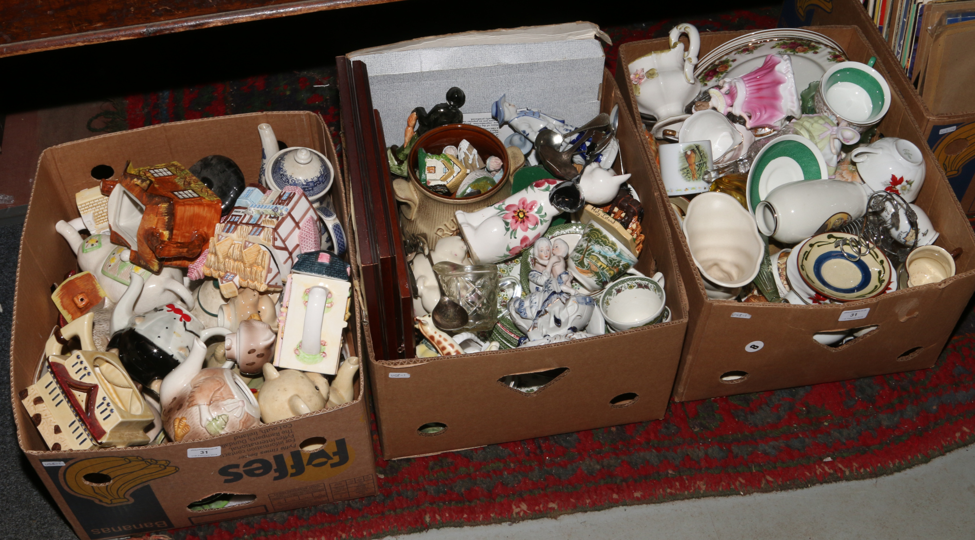 Three boxes of miscellaneous to include Torquay ware, novelty tea pots, Royal Albert Old Country