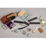 A group lot of collectables to include watches, vintage shaving set, lighters etc.