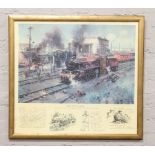 A gilt framed Terence Cuneo railway print of the express engines at Tyseley, dated June 1968 (80cm x