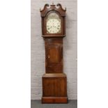 A 19th Century oak and mahogany 8 day long case clock with painted arch top dial and subsidiary