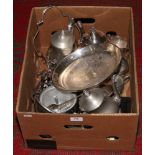 A box of mixed silver plate to include teaset, Walker & Hall cased demitasse spoons, silver collared