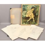 A portfolio of H. M. Cheesman life drawings to include a gilt framed print etc.