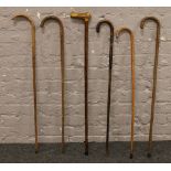 A bundle of six walking sticks to include a bone handle example