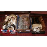 Three boxes of miscellaneous ceramics, metalware and glass along with 5 volumes of Giles, a steel