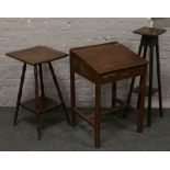 A group furniture lot; child's desk, Edwardian plantstand and a two tier occasional table.