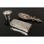 Three pieces of continental silver possibly Dutch, two boxes and a caddy spoon with ship and dolphin