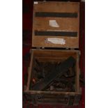 A pine World War II ammunition box and contents of various wood work planes.