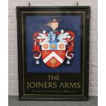 A double sided pub sign for The Joiners Arms in painted black metal frame, 123cm x 94cm.