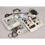 A retro Super Nintendo (SNES) gaming console along with original power supply, leads, controller,