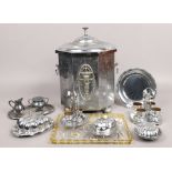 A chrome octagonal coal box, along with a quantity of chrome and silver plated items.