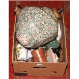 A box of miscellaneous to include vellum tablelamp, leather cased flasks, dressing table set etc.