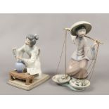 Two Lladro figurines Chinese fish seller 24cm tall, along with a kneeling oriental girl with