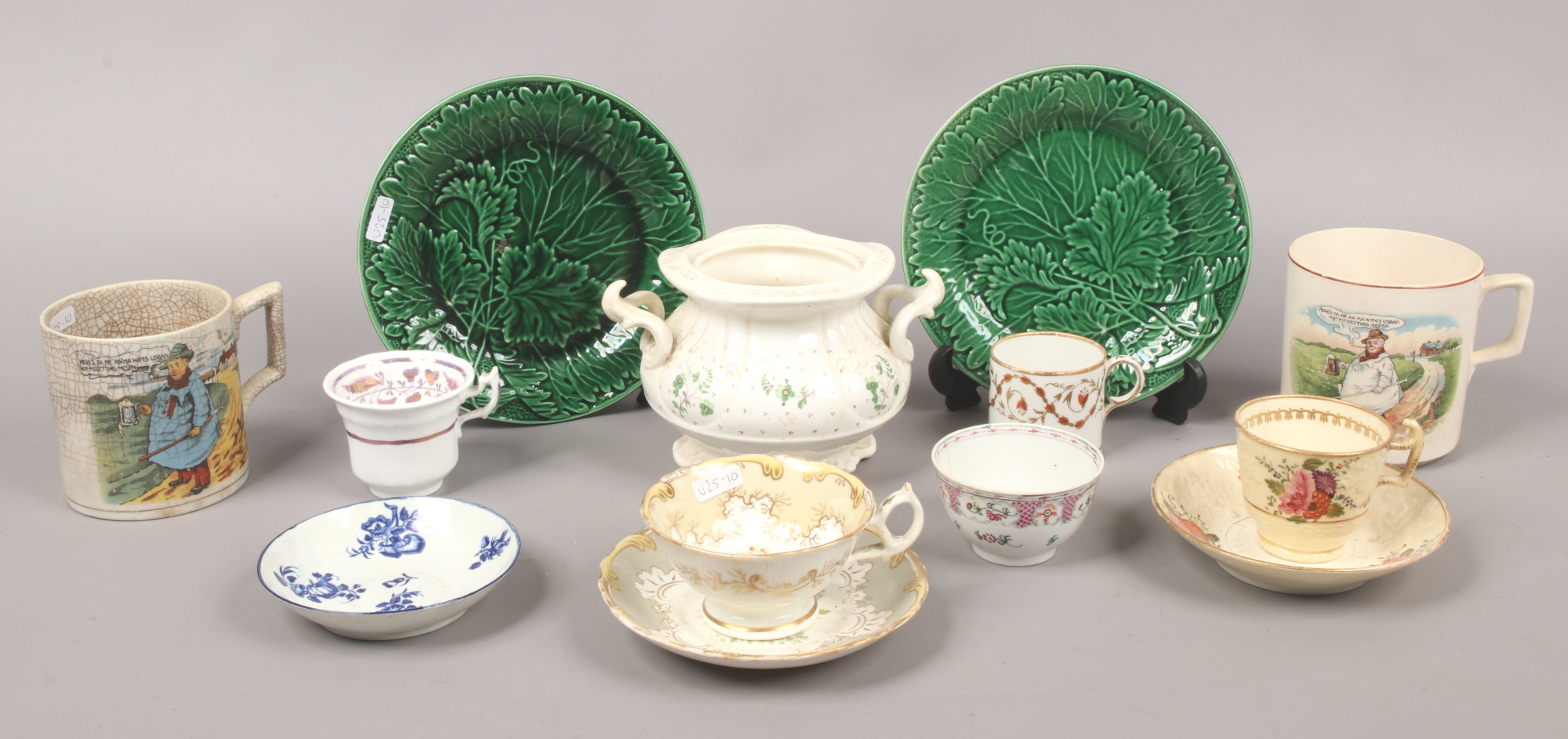 A quantity of mostly antique porcelain and pottery including 18th century Worcester saucer, leaf