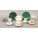 A quantity of mostly antique porcelain and pottery including 18th century Worcester saucer, leaf