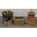 Two small terracotta chimney pots, along with a part chimney pot.Condition report intended as a