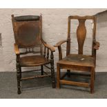 A vintage leather seat pegged and jointed arm chair, along with a Victorian turned leg example.