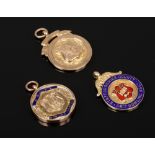 Three 9ct gold fobs, all bowling related, gross weight 28 grams.