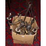 A box lot of various light fittings to include a mild steel five branch ceiling light, brass wall