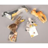Four small Steiff soft animals to include sausage dog, deer, rabbit etc.