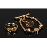 A 9ct gold brooch suspending two chains with charms, one formed as a maltese cross, 5.35 grams.