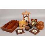 A group of collectable wooden items to include cutlery tray, barleytwist clock, novelty cruet set