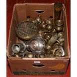 A box of metalwares, to include Indian brass, brass rose bowl, brass bells, vases, pewter tankard
