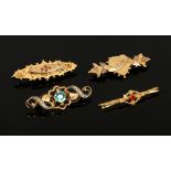 Four 9ct gold bar brooches, including a Mizpah brooch, seed pearls and coloured paste examples.