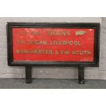 A painted wooden railway themed sign, 79cm x 117cm.