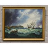 A J. Gent gilt framed oil on board titled 'rough harbour' signed and dated 1987.