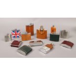 A collection of hip flasks to include leather stainless steel examples etc.