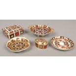 Four pieces of Royal Crown Derby and one similar dish to include trinket dishes, cigarette box etc.